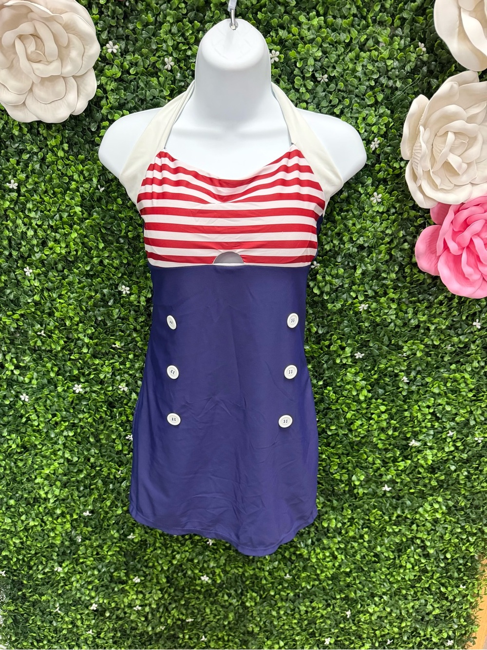 Navy & Red Striped Sailor Halter Adult Dance Costume